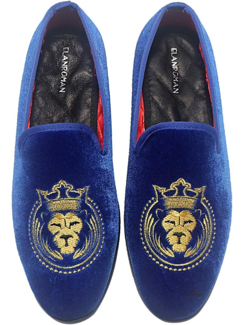 ELANROMAN Men's Blue Velvet Loafers Embroidered Lion Crown Formal Party Shoes